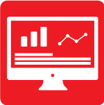red icon with computer monitor displaying analytical data
