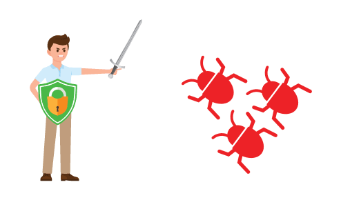 man with sword and shield fighting 3 red bugs 