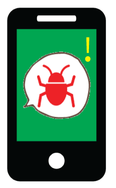 phone with green screen with ransomware notification with red bug