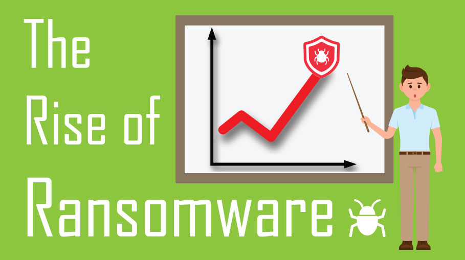 man with pointer pointing at graph with red lights and ransomware icon
